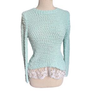 No Boundaries Medium 7-9 GREEN Open Knit Crocheted Long Sleeve Sweater Lace Hem